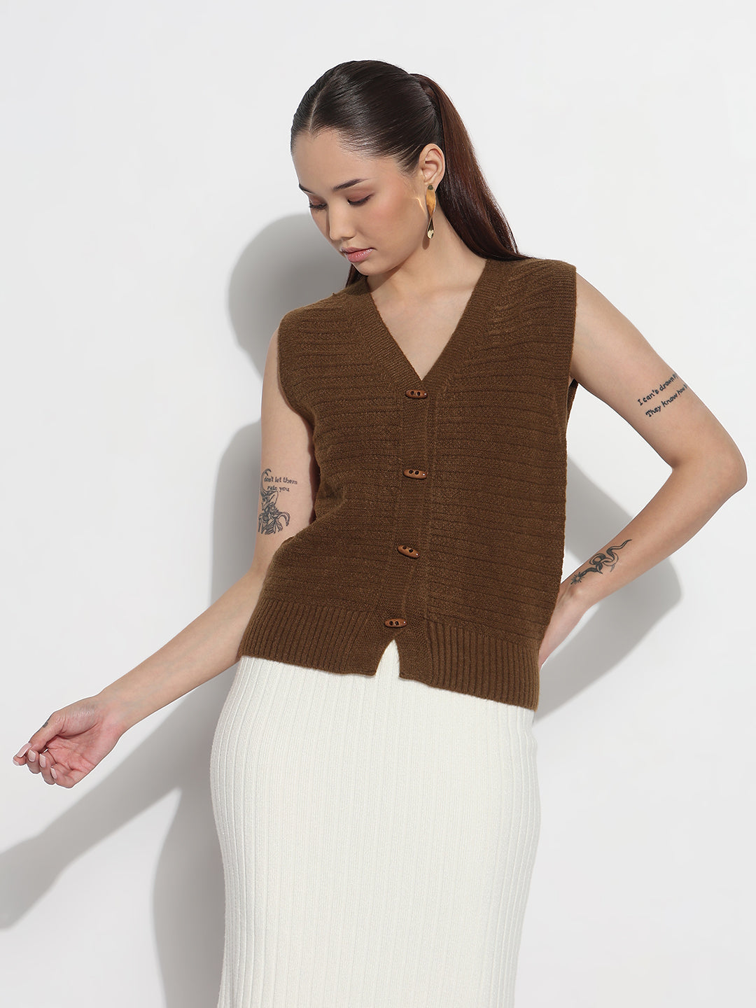 Women's Brown V-Neck Sleeveless Knitted Top with Button Detail