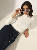 Women's Ribbed White Mock Neck Top with Frayed Hem