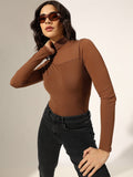 Women's Brown Turtleneck Mesh Yoke Top
