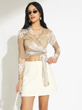Women's Floral Beige Sheer Wrap Top