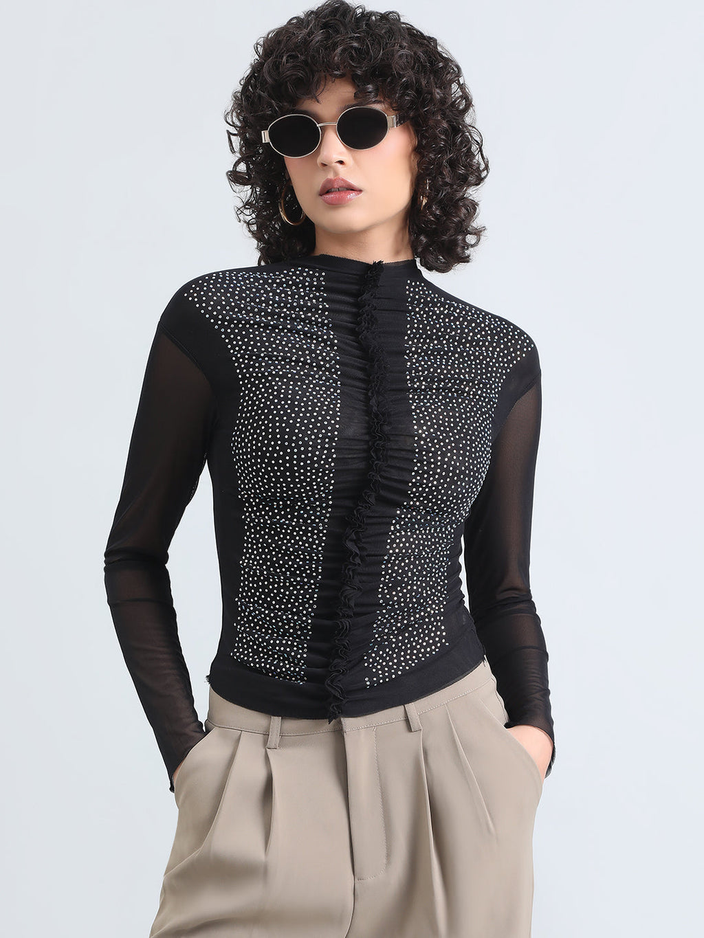Women's Embellished Black Sheer Ruffle Mesh Top