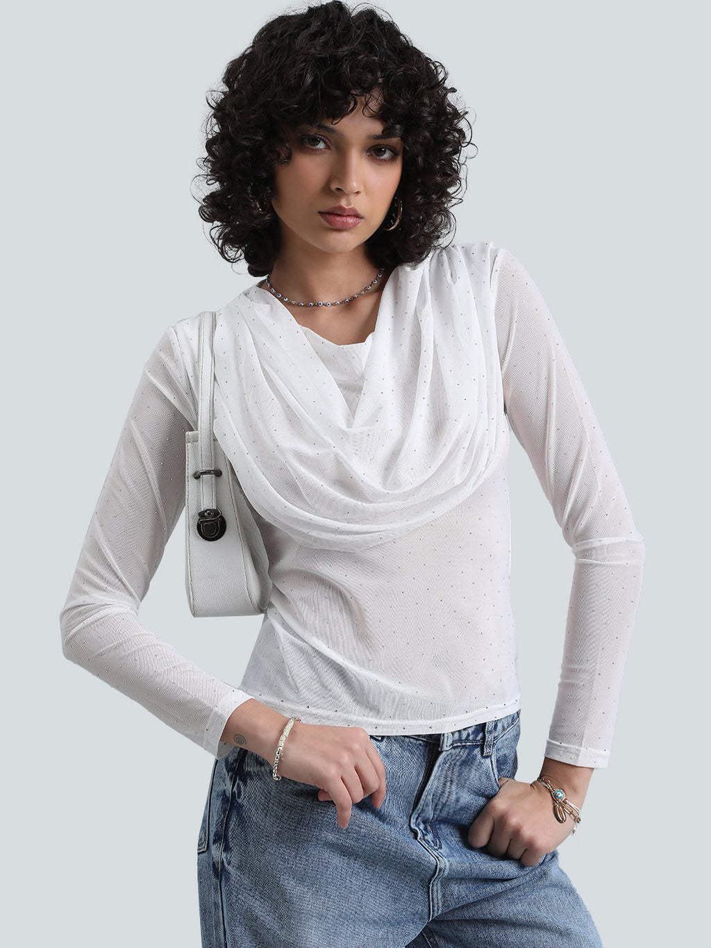 Women's White Sheer Draped Neck Mesh Full Sleeve Top