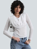 Women's White Sheer Draped Neck Mesh Full Sleeve Top