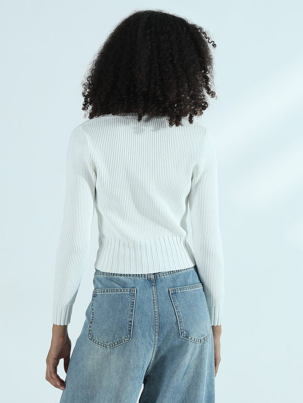 Women's Ribbed White Round Neck Fitted Top