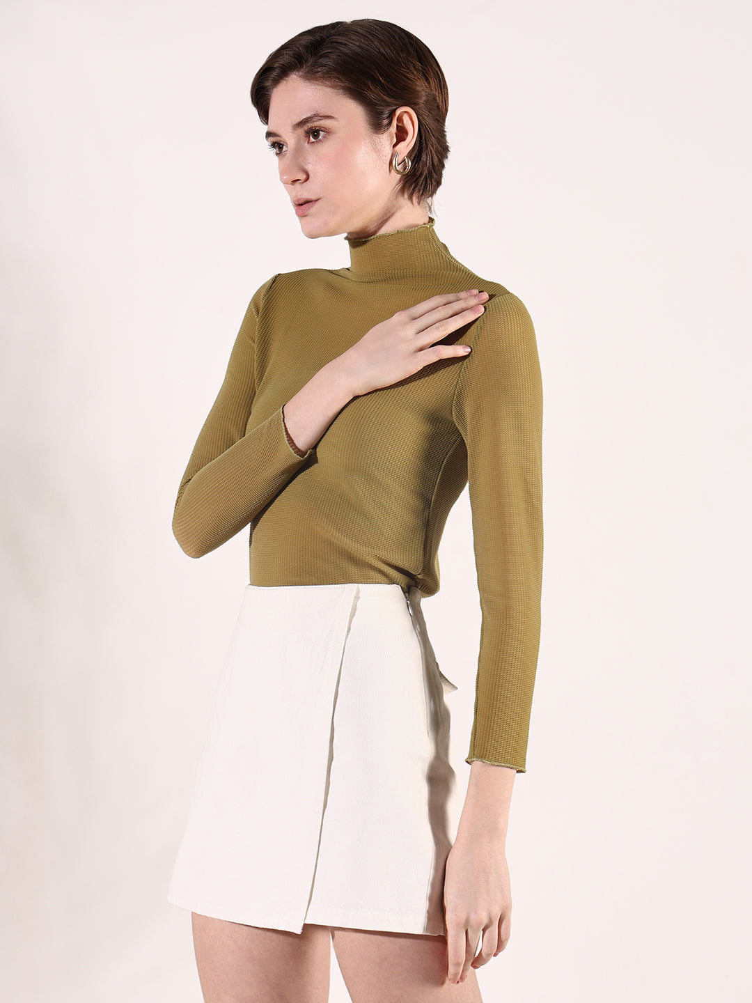 Women's Olive High Neck Long Sleeves Top