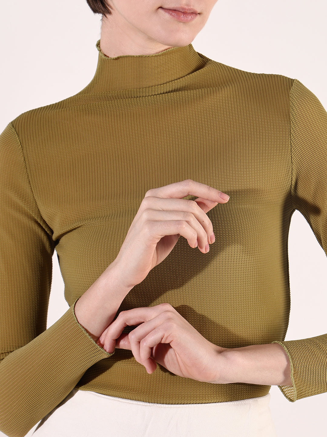 Women's Olive High Neck Long Sleeves Top