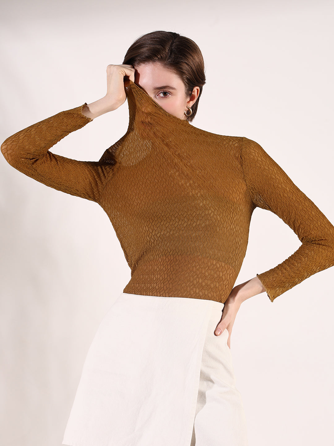 Women's Olive Self Design High Neck Top