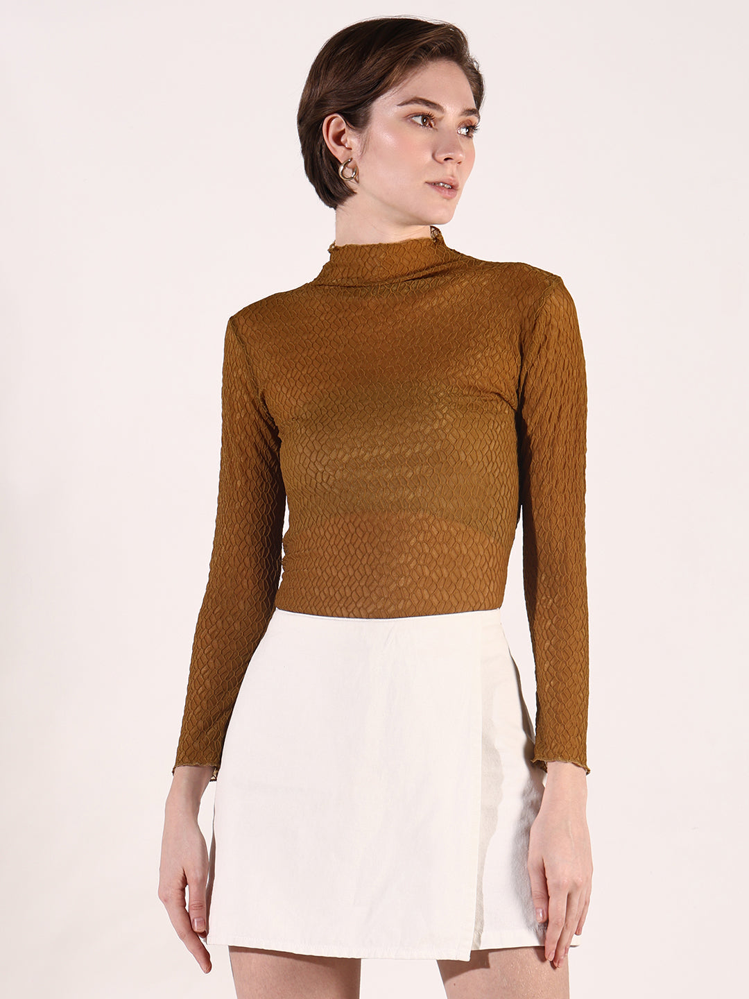 Women's Olive Self Design High Neck Top