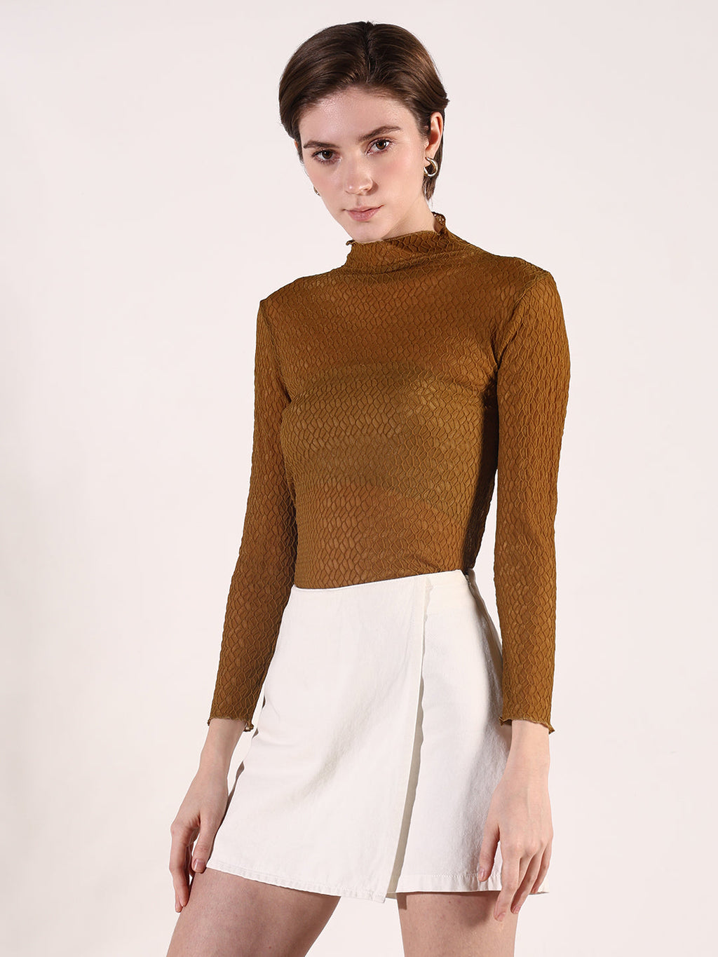 Women's Olive Self Design High Neck Top