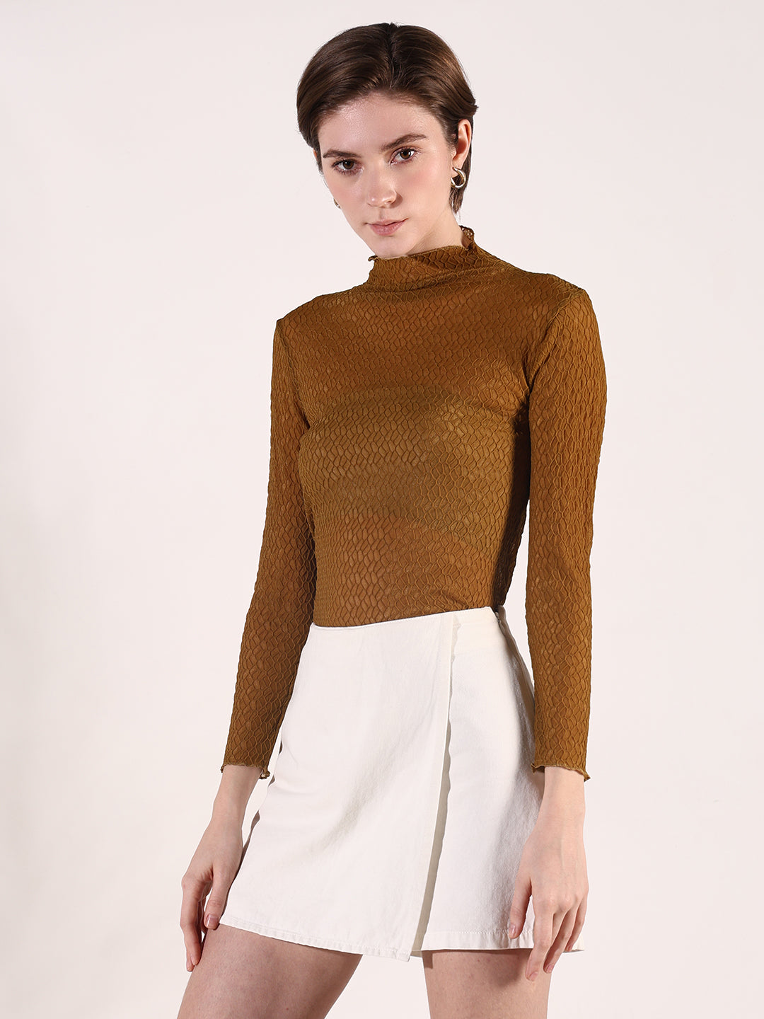 Women's Olive Self Design High Neck Top