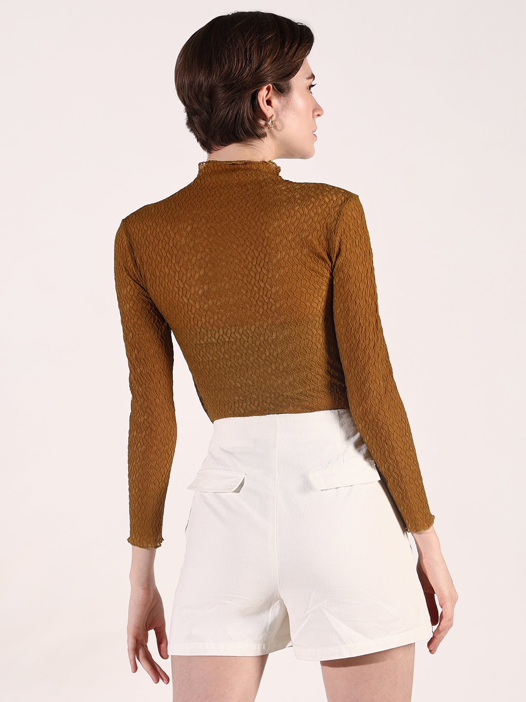 Women's Olive Self Design High Neck Top