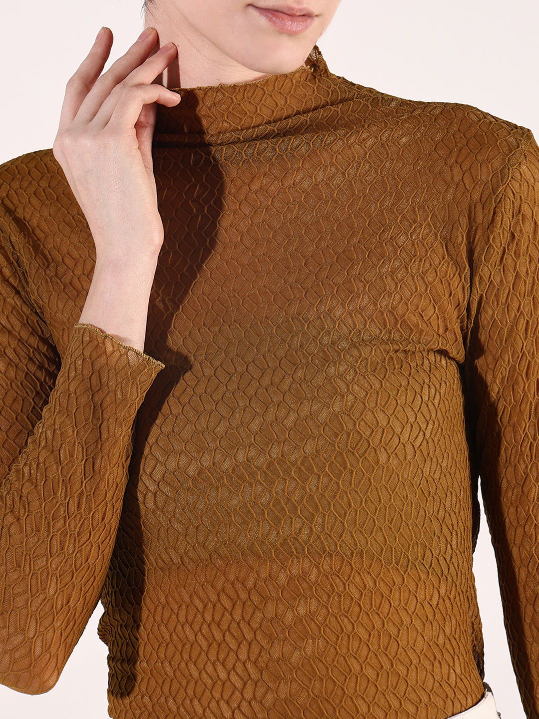 Women's Olive Self Design High Neck Top