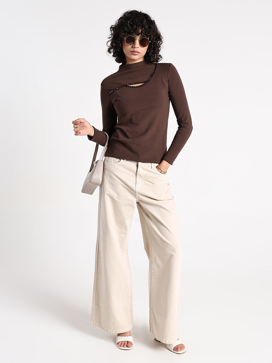 Women's Brown High Neck Cut-Out Top with Beaded Detailing