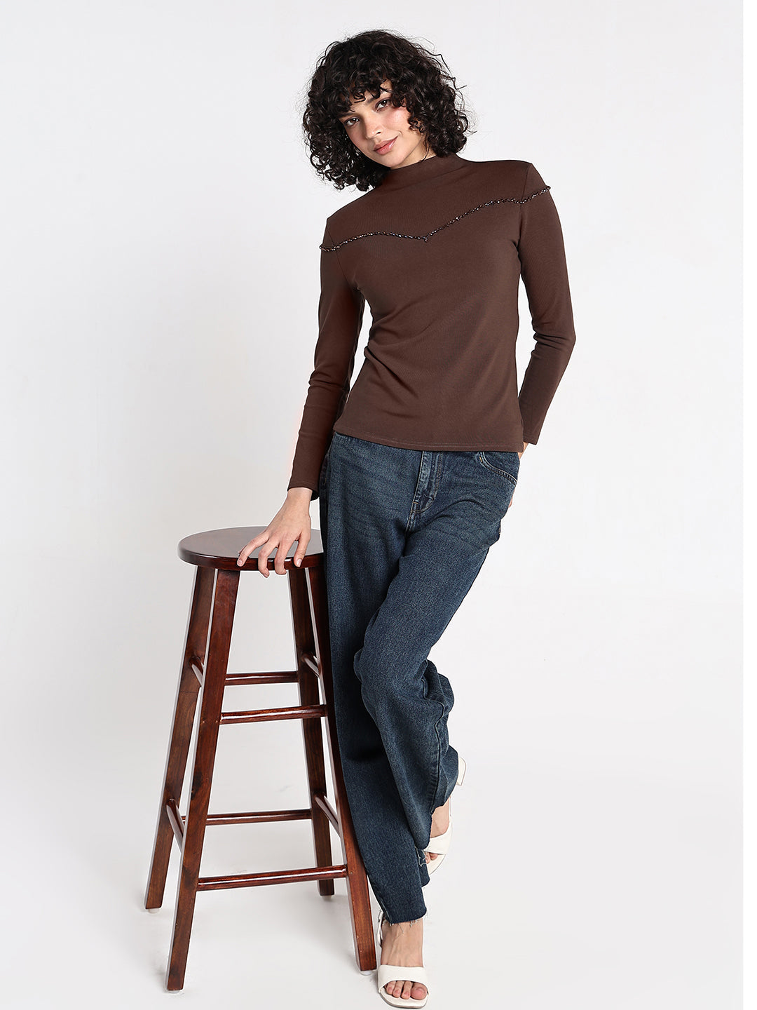Women's Brown Embellished High Neck Top