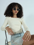 Women's Ribbed Cream Round Neck Fitted Top