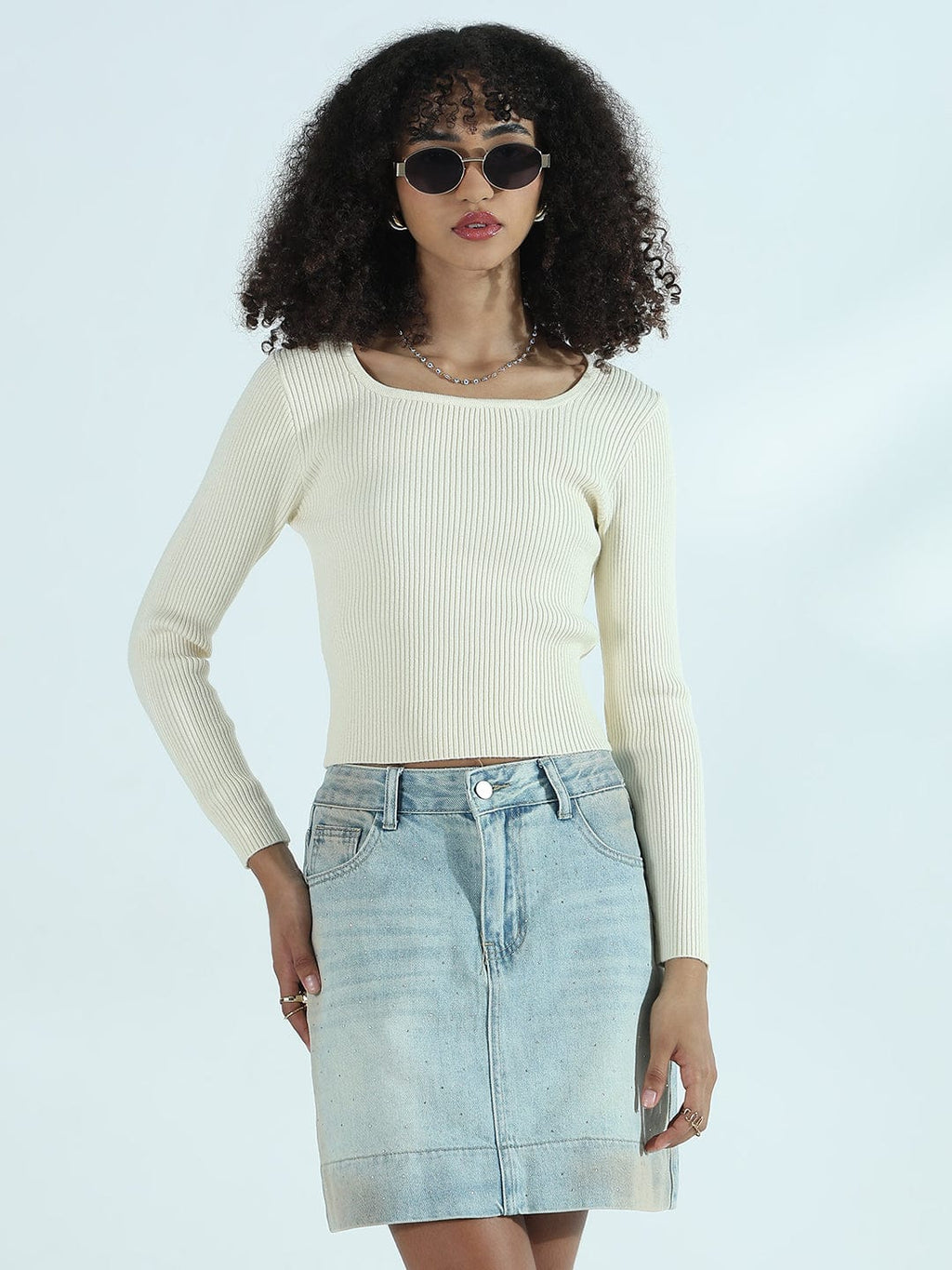 Women's Ribbed Cream Round Neck Fitted Top
