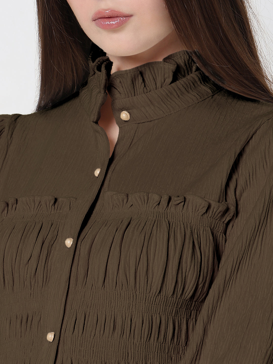 Women's Olive Ruffle Neck Peplum Top