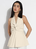 Women's Draped Cream Halter Neck Sleeveless Peplum Top with Smocked Back