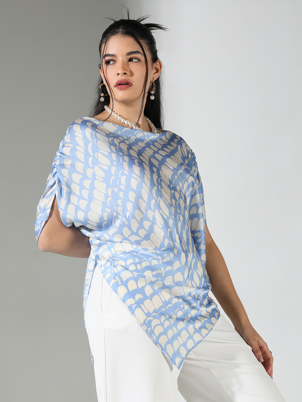 Women's Abstract Print Blue Asymmetric Top
