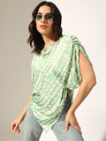 Women's Abstract Print Green Asymmetrical Hem Drape Top