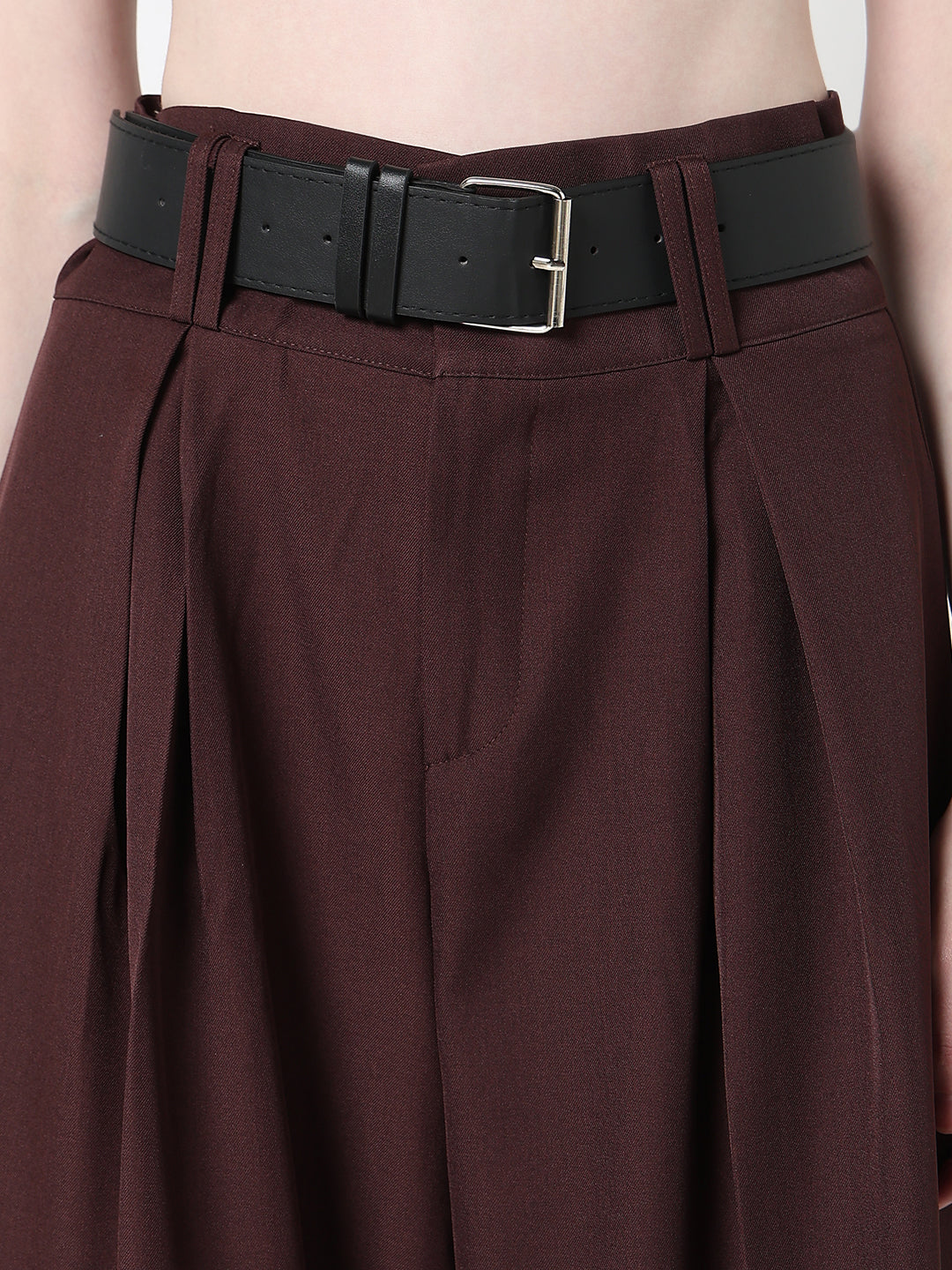 Women's Coffee Brown Wide Leg Korean Trousers with Belt