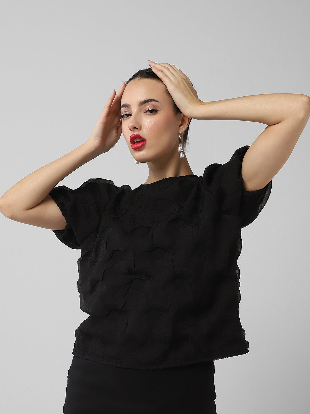 Women's Black Self Design Puff Sleeve Top