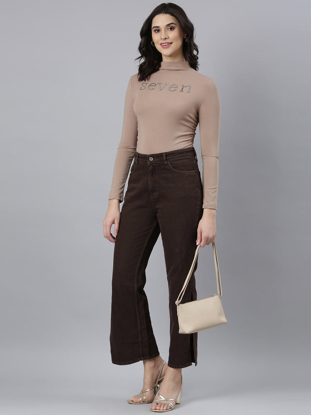 Women's Beige Studded High Neck Top