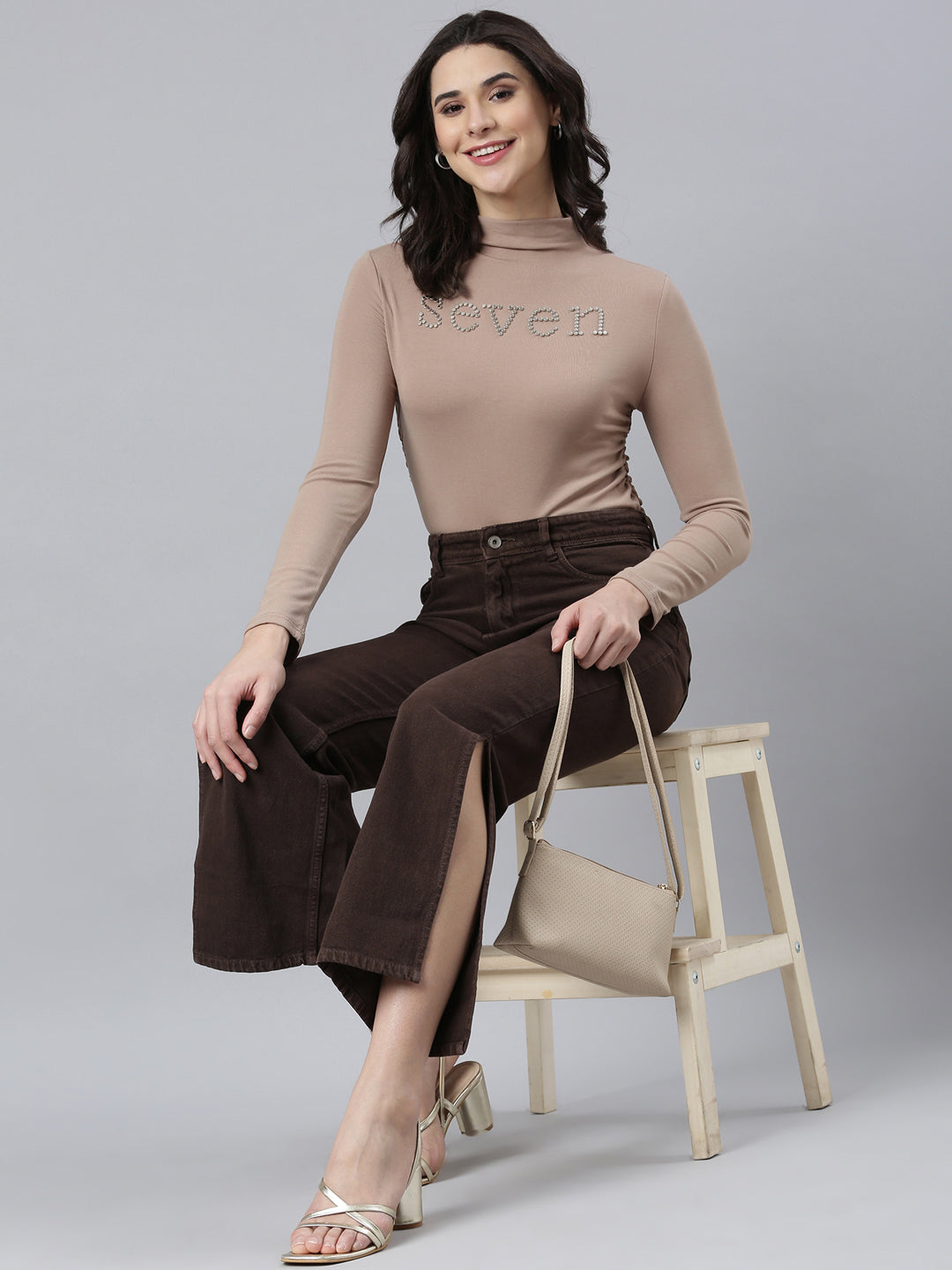 Women's Beige Studded High Neck Top