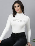 Women's Off White Embellished High Neck Ruched Detail Acrylic Fitted Top