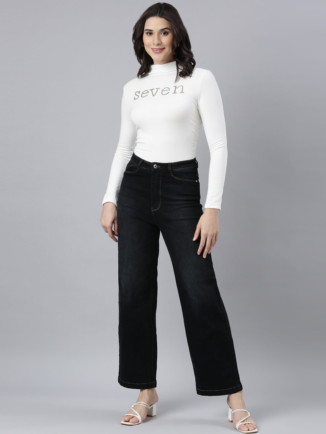 Women's Off White Embellished High Neck Ruched Detail Acrylic Fitted Top