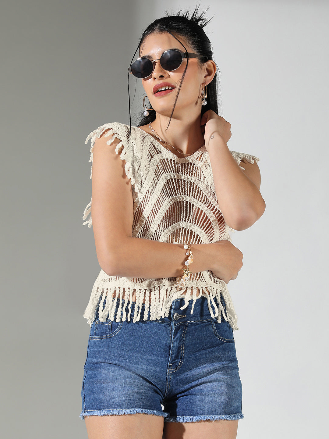 Women's Self Design Cream Round Neck Crochet Crop Top