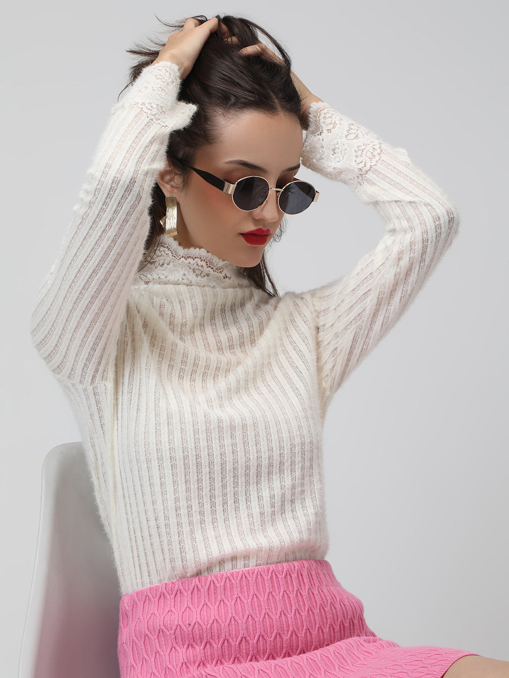 Women's Ribbed Off White Long Sleeve Top with Lace Trim Details