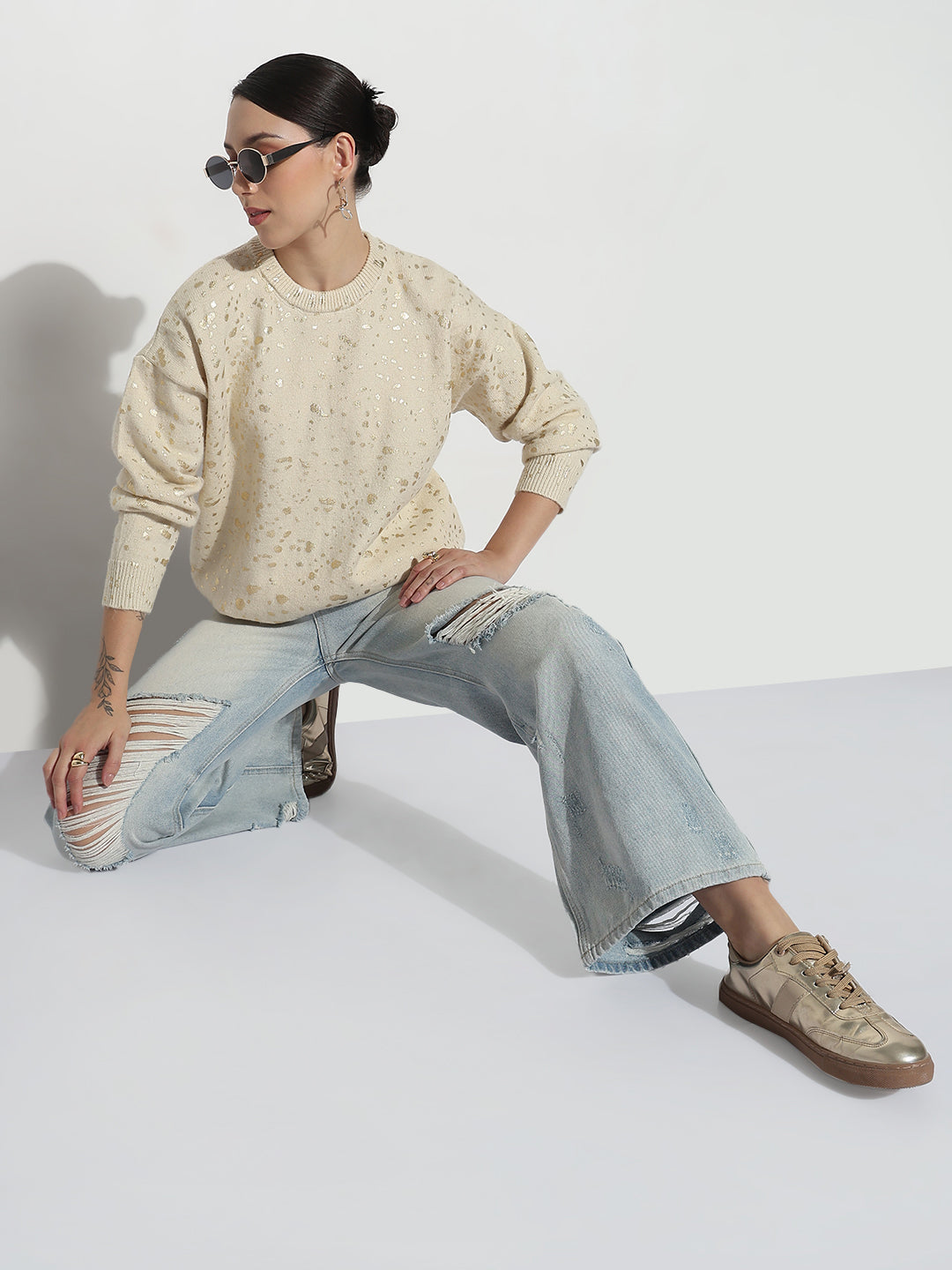Women's Abstract Cream Round Neck Top with Gold Speckled
