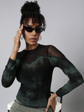 Women's Black Round Neck Shimmer Casual Fitted Top