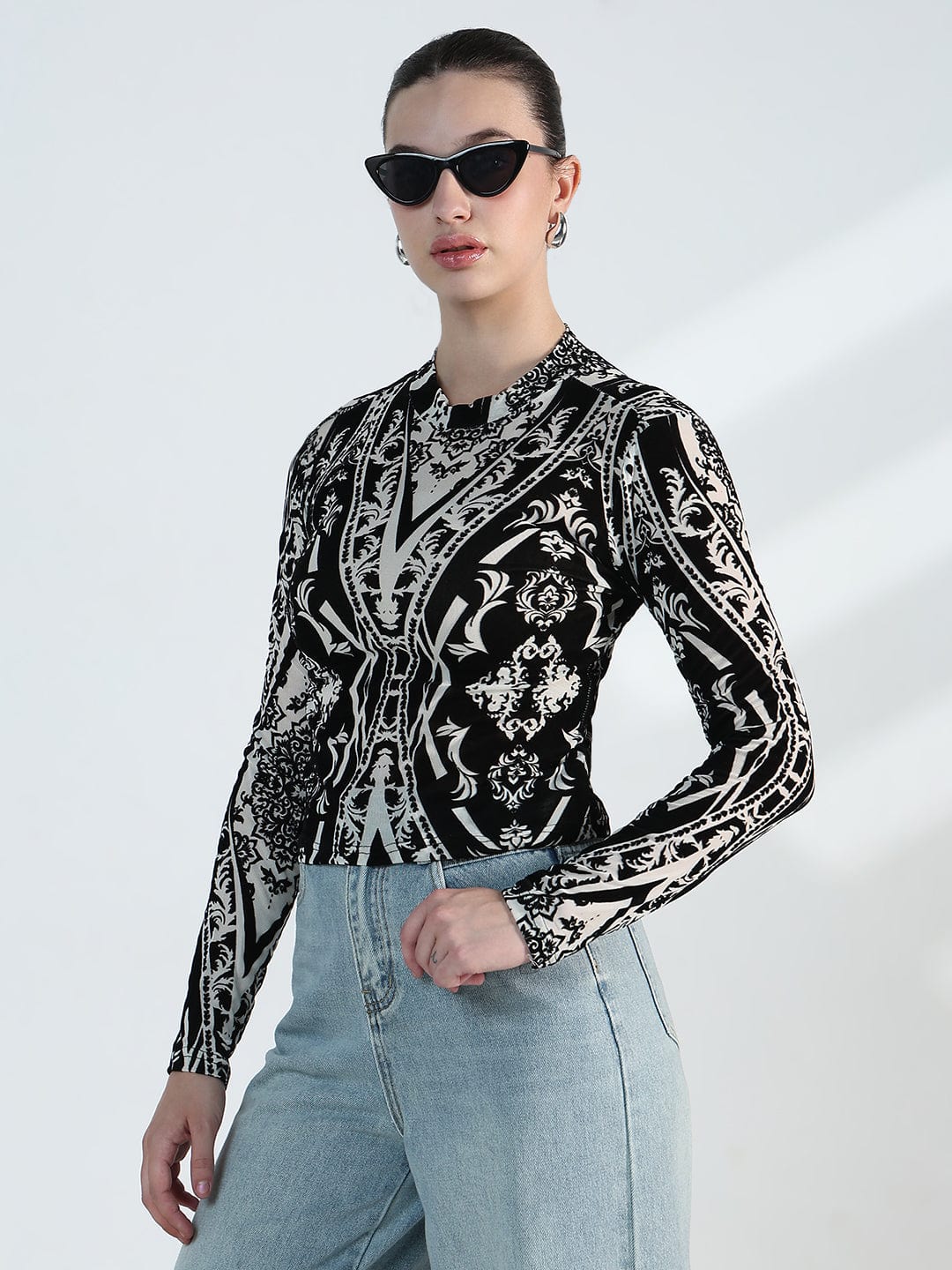 Women's Printed Black Mesh Full Sleeve Top
