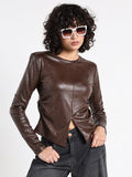 Women's Brown Long Sleeve Faux Leather Top with Front Slit
