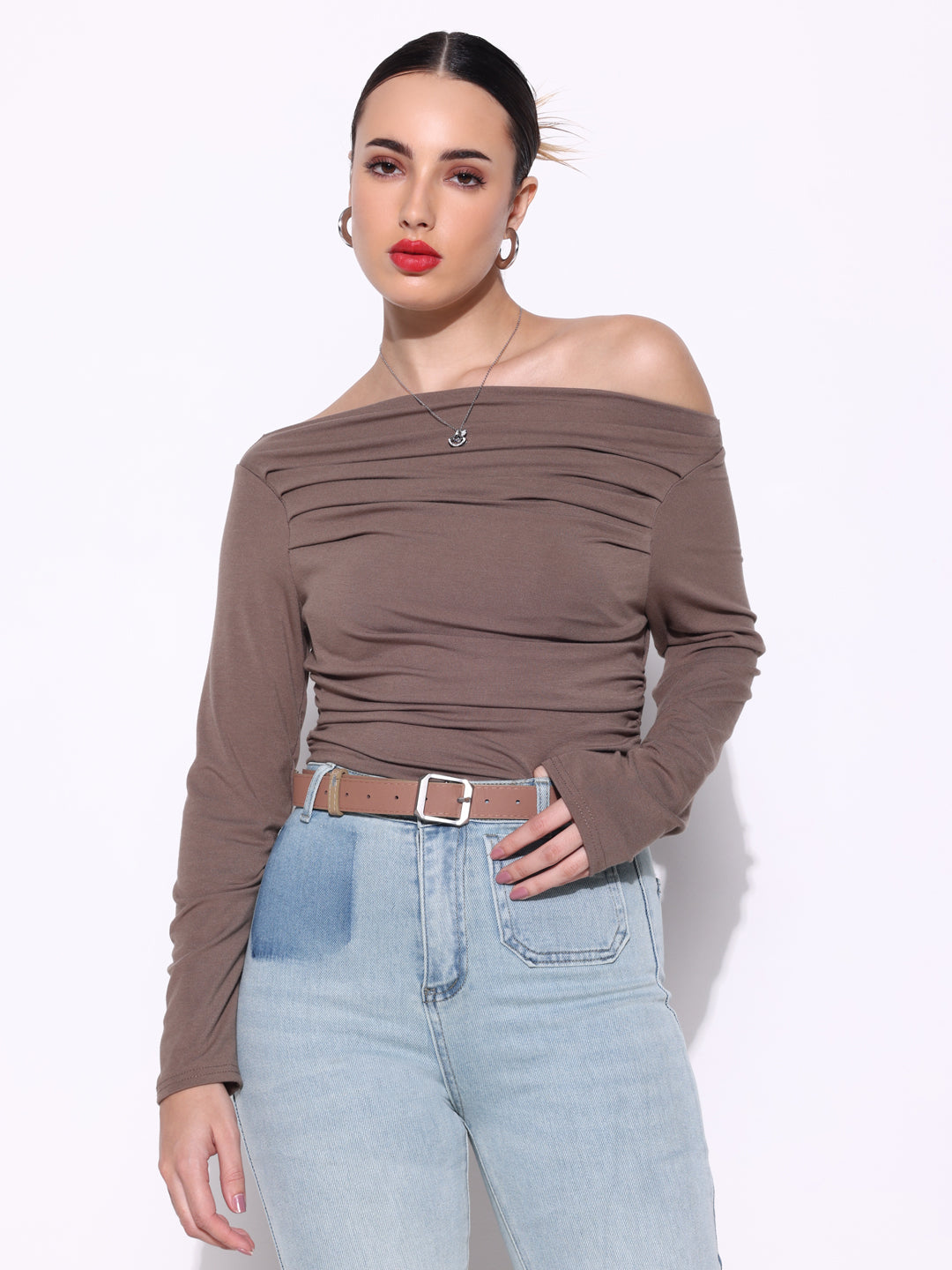 Women's Pleated Olive Boat Neck Full Sleeves Top