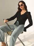 Women's Knit Black Sheer Long Sleeve Top with Scalloped Neckline