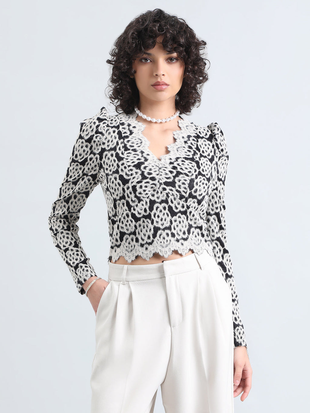 Women's Textured Floral Cream Short Lace Top
