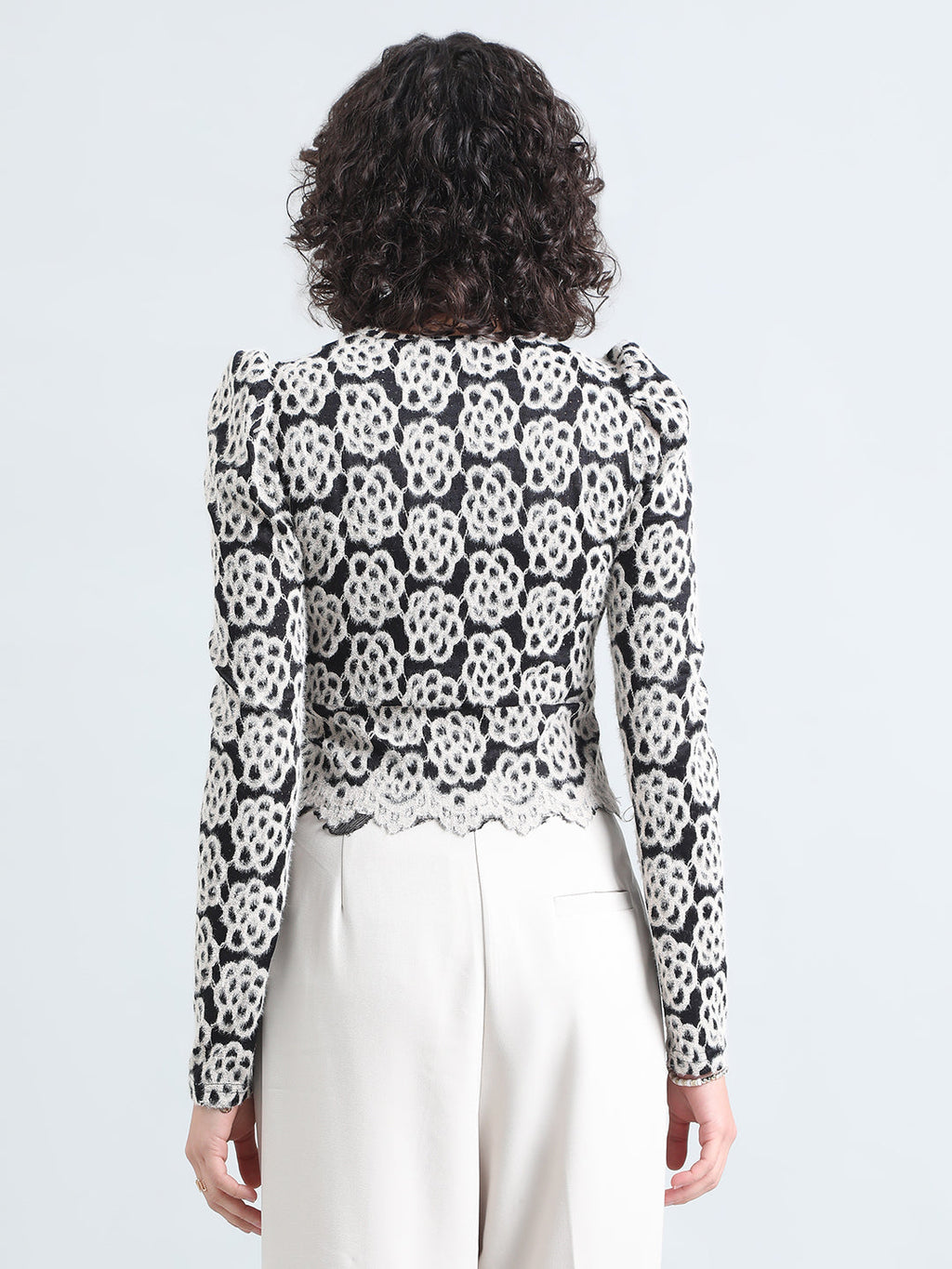 Women's Textured Floral Cream Short Lace Top