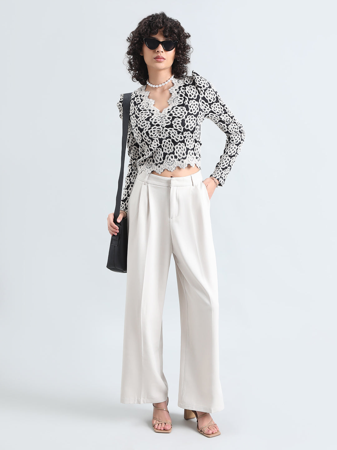Women's Textured Floral Cream Short Lace Top
