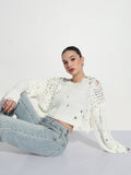 Women's Embellished Off White Ripped Crop Top with Studs