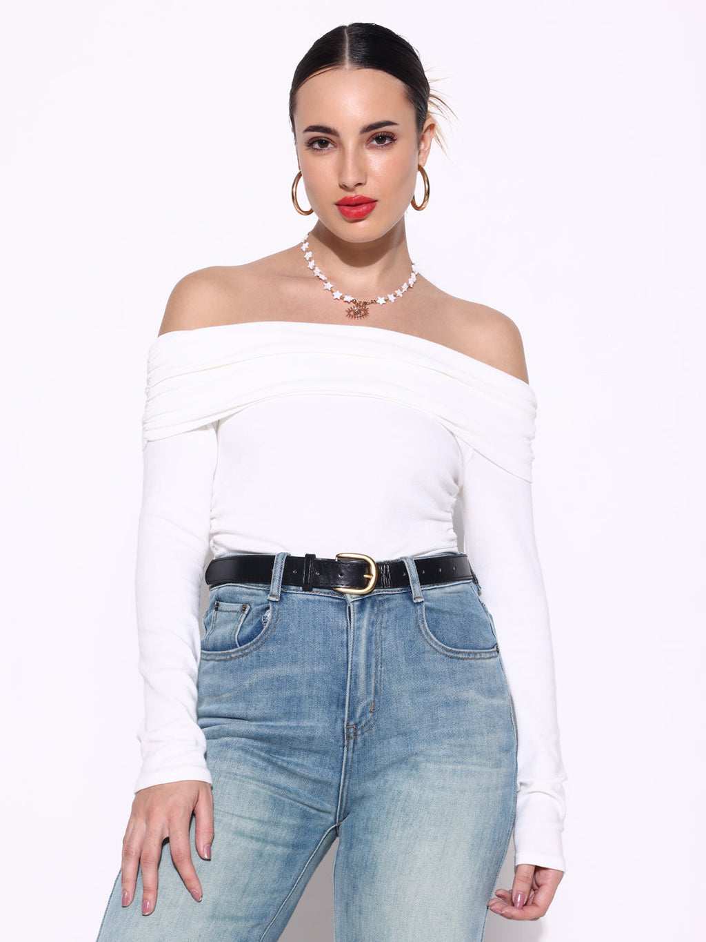 Women's White Ruched Full Sleeves Off Shoulder Top