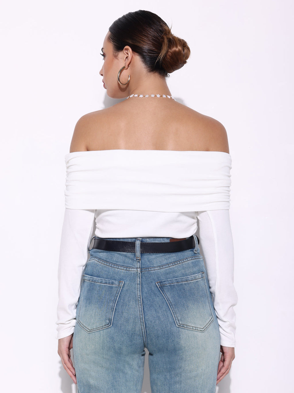 Women's White Ruched Full Sleeves Off Shoulder Top