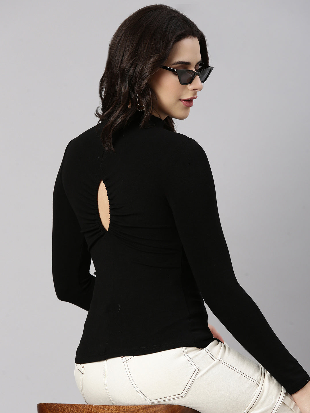 Women's Black High Neck Long Sleeves Top