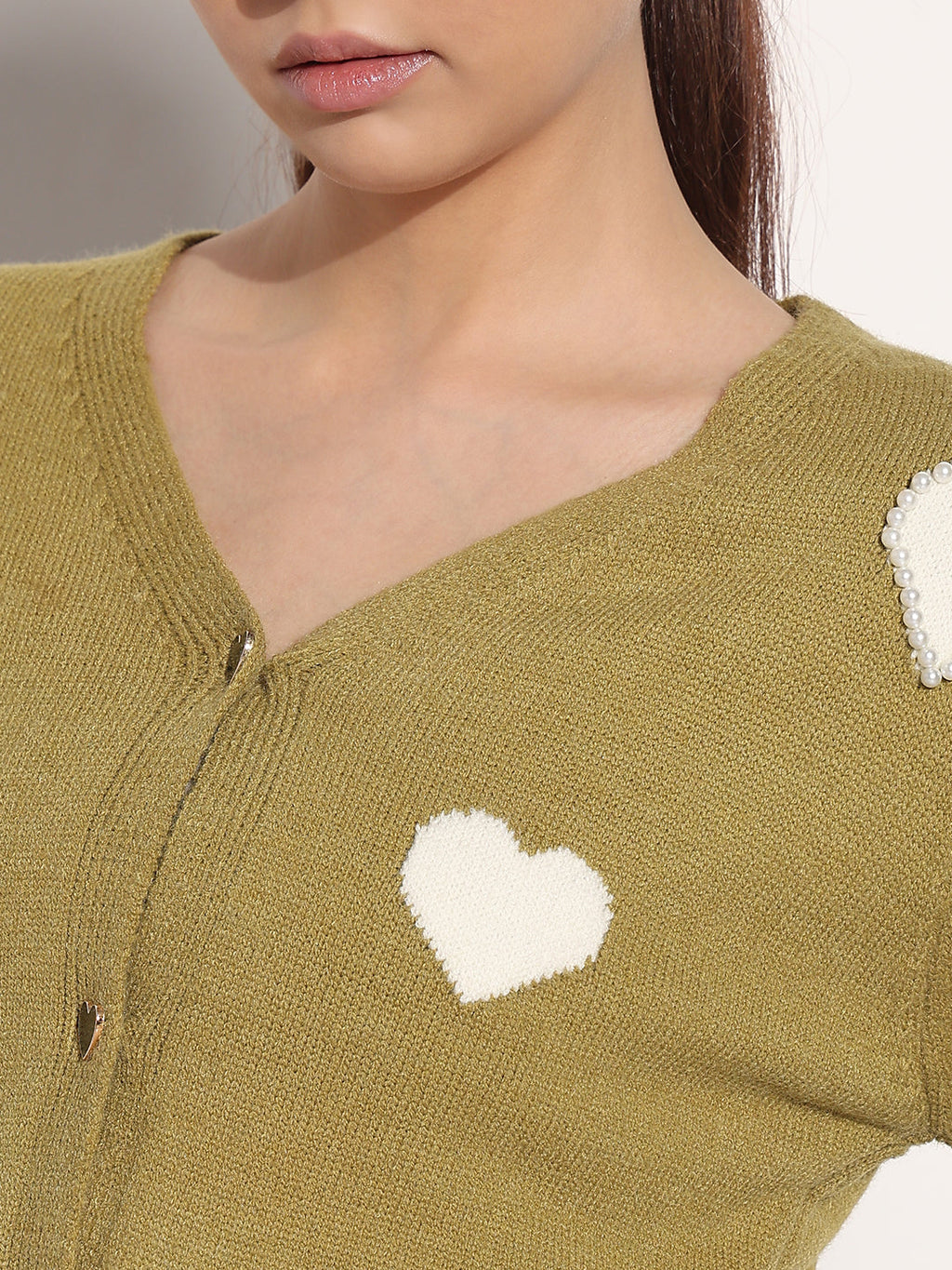 Women's Knitted Green V-Neck Cardigan Top with Heart Embellishments and Buttons