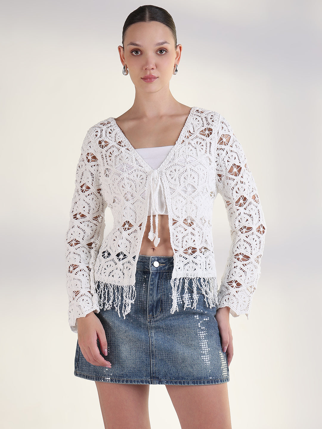 Women's White V-Neck Solid Sheer Crochet Top