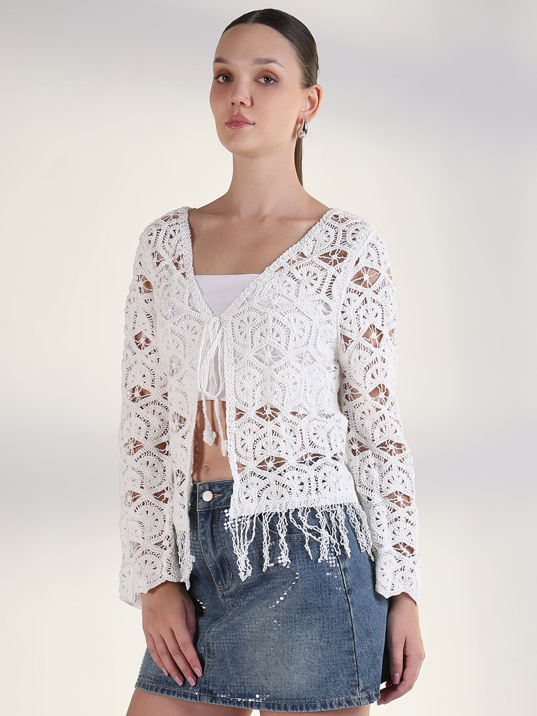 Women's White V-Neck Solid Sheer Crochet Top