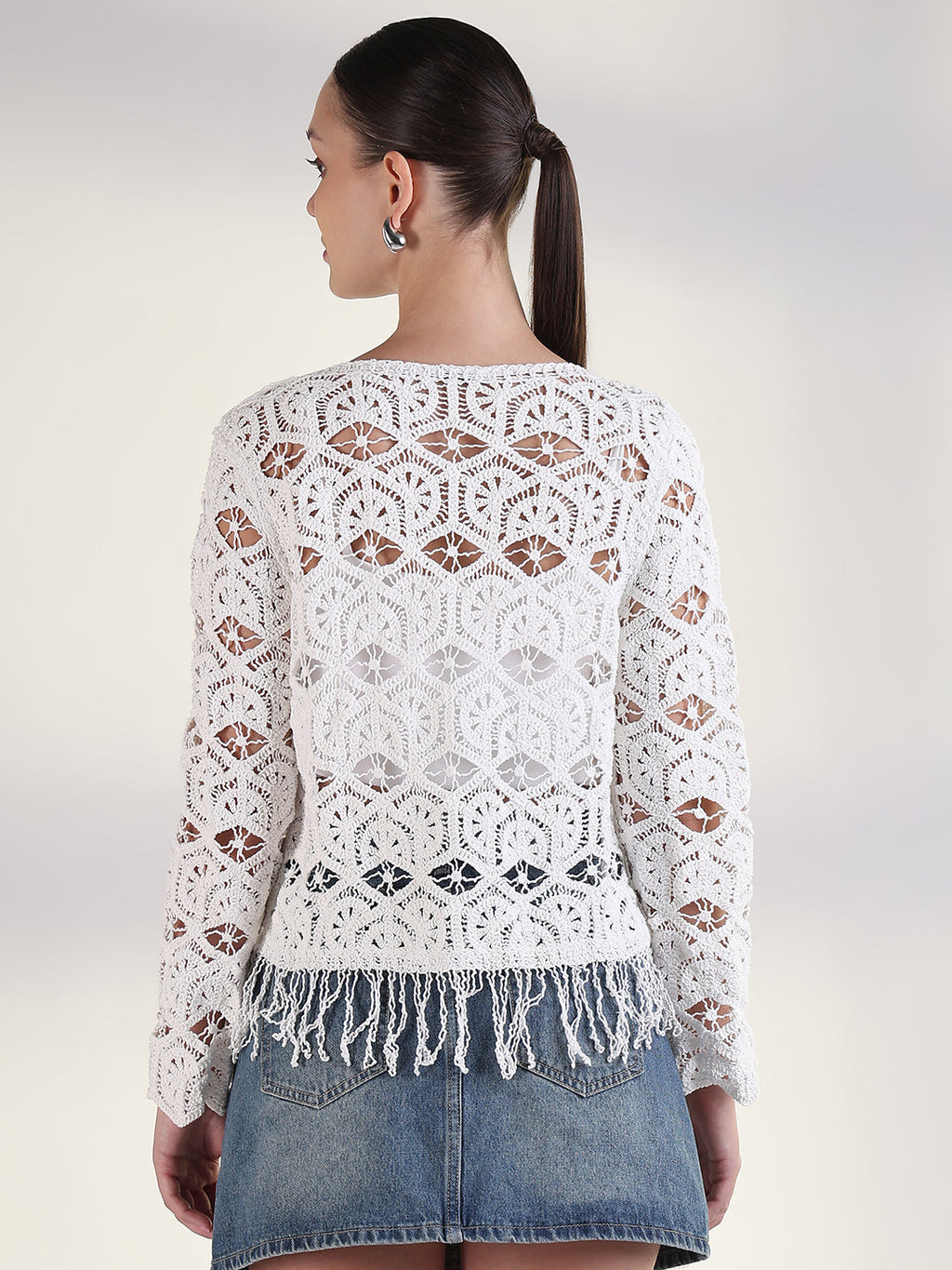 Women's White V-Neck Solid Sheer Crochet Top