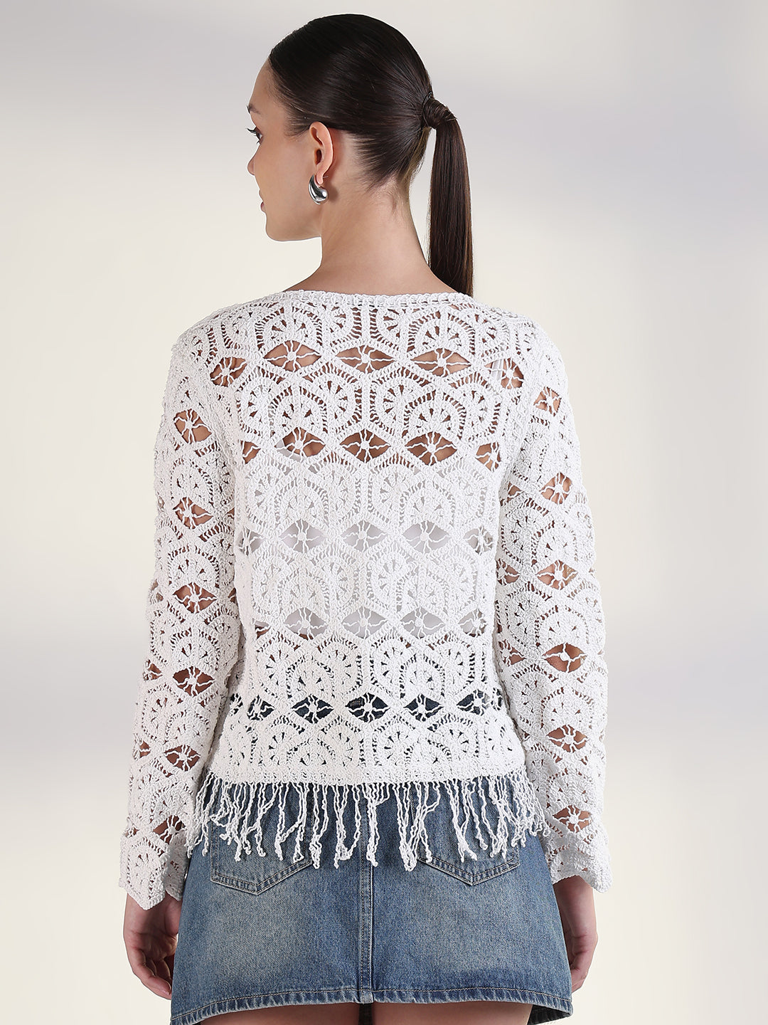 Women's White V-Neck Solid Sheer Crochet Top